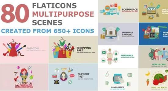 AE模板-80组MG扁平化图标组合场景动画 Flat Icons Multipurpose Scenes