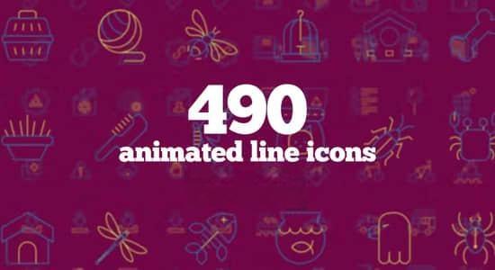 AE模板-490个生活食品建筑工具社交媒体线条图标动画 Animated Line Icons