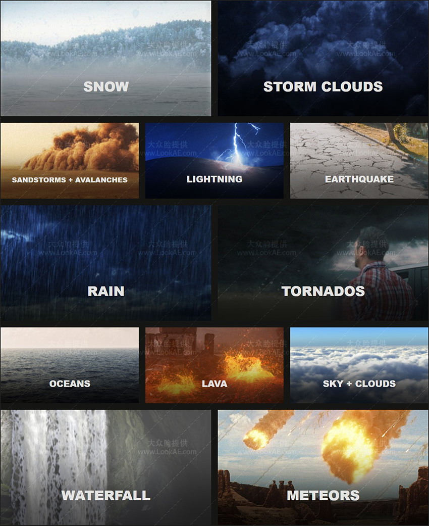 乌云闪电龙卷风尘暴雨雪海面岩浆破碎特效视频素材合集 Natural Elements