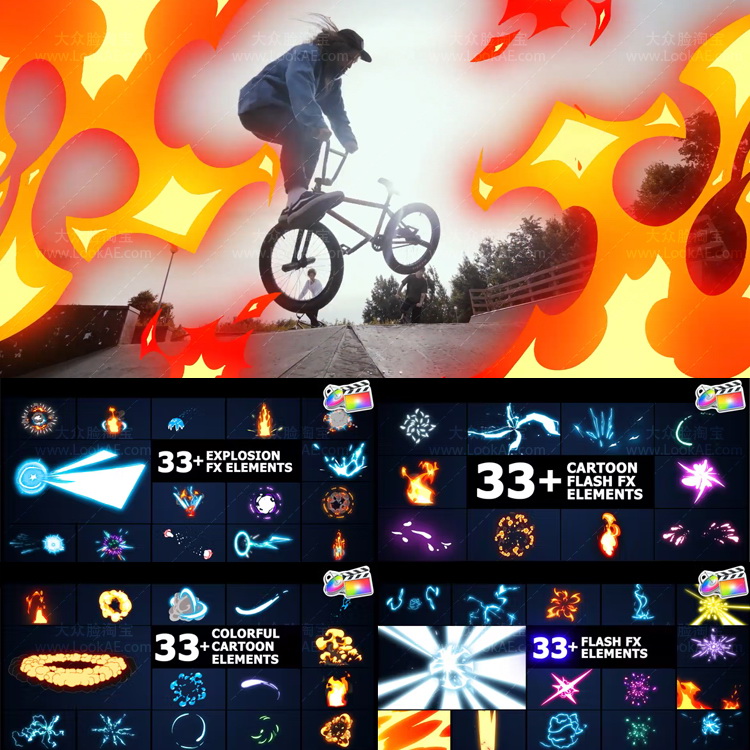 FCPX插件-181个动漫卡通能量电流火焰爆炸MG图形元素动画