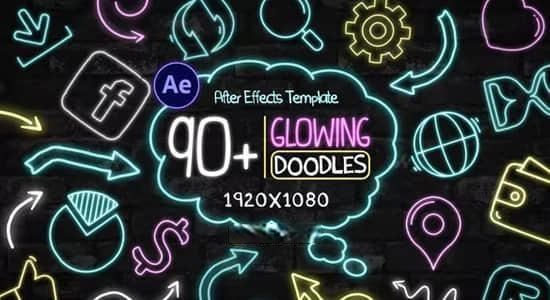 90种手绘霓虹发光图形动画AE模板 Glowing Doodles Pack