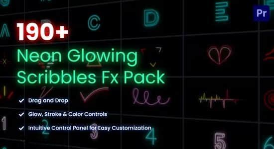 AE/PR模板-190种霓虹发光线条涂鸦图形字符预设包 Neon Glowing Scribble Typeface Pack
