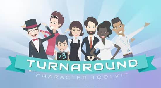 AE模板-可360度自由旋转二维卡通人物角色装饰绑定MG动画V3 Turnaround Character Toolkit 3