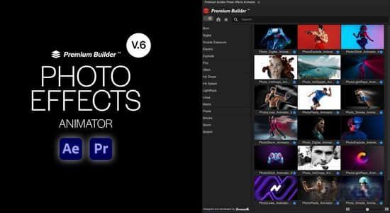 AE/PR脚本-图像拖尾粒子破碎消散汇聚遮罩燃烧火焰线条视觉特效Photo Effects Animator V6