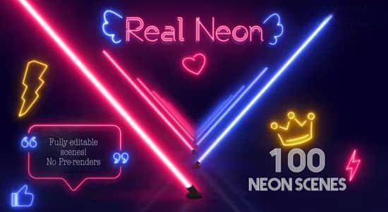 100组创意真实霓虹发光图形动画AE模板 Real Neon