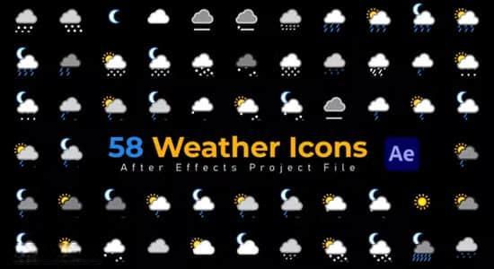 AE模板-58个扁平化阴晴雨雪天气预报图标动画 Weather Icons