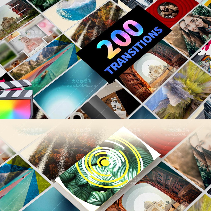 FCPX插件-200个优雅光效笔刷拼贴扭曲故障图形水墨缩放转场预设