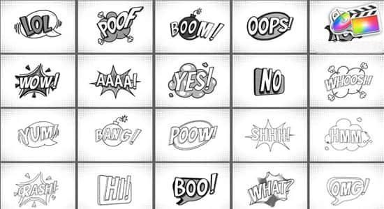 FCPX插件-20组综艺卡通搞笑贴纸花字标题动画 Comic Titles Black And White