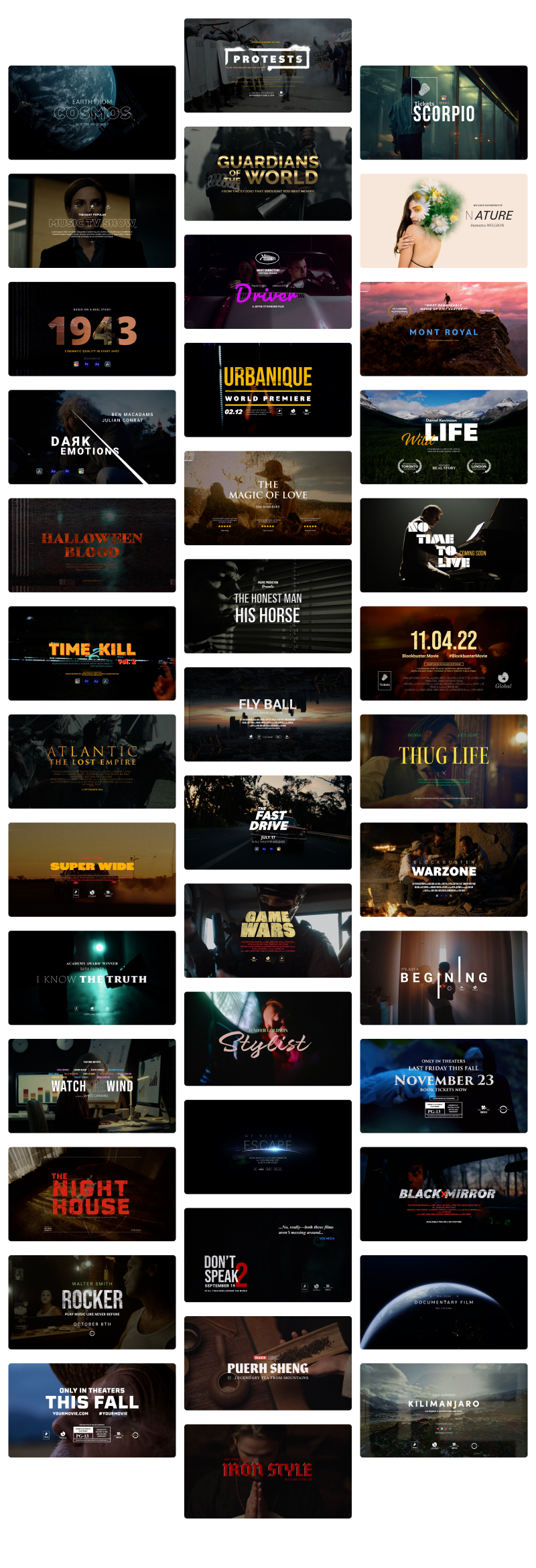 PR模板-40个高质量大气电影标题开场介绍动画 Cinematic Titles PR模板-40个高质量大气电影标题开场介绍动画 Cinematic Titles