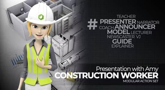 AE模板-房地产建筑工地三维卡通人物解说展示动画Presentation With Amy Construction Worker