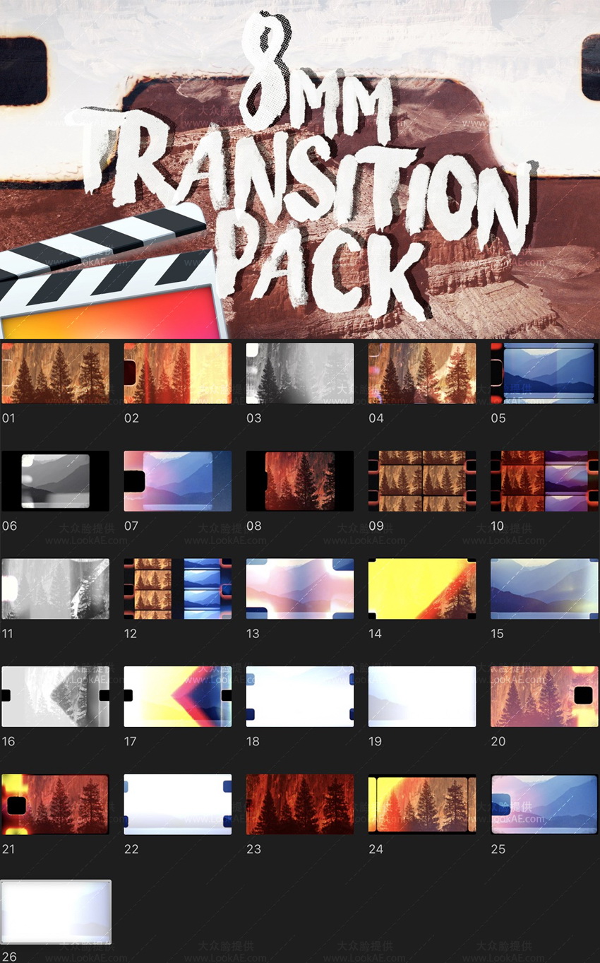 FCPX插件-26种复古老电影8mm胶片灼烧刮痕过渡转场预设