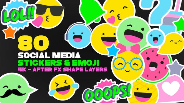 AE模板-社交媒体表情符号贴纸动画 Emoji And Social Media Stickers 4K Pack