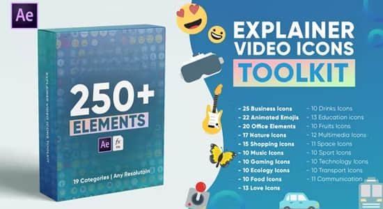 AE模板/预设-250个网络媒体商业运输生活食物音乐办公表情图标动画 AE模板/预设-250个网络媒体商业运输生活食物音乐办公表情图标动画