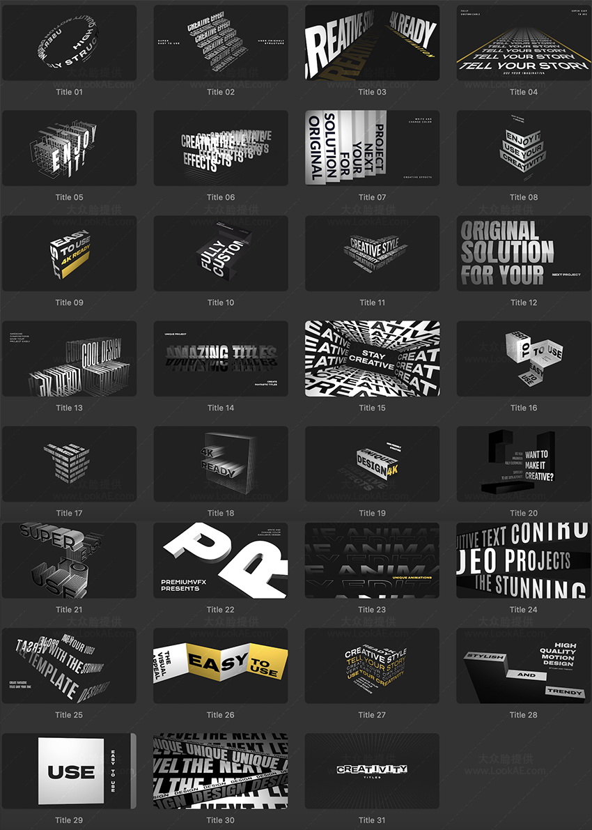 FCPX插件-31个创意三维空间感动态文字标题排版动画预设 FCPX插件-31个创意三维空间感动态文字标题排版动画预设