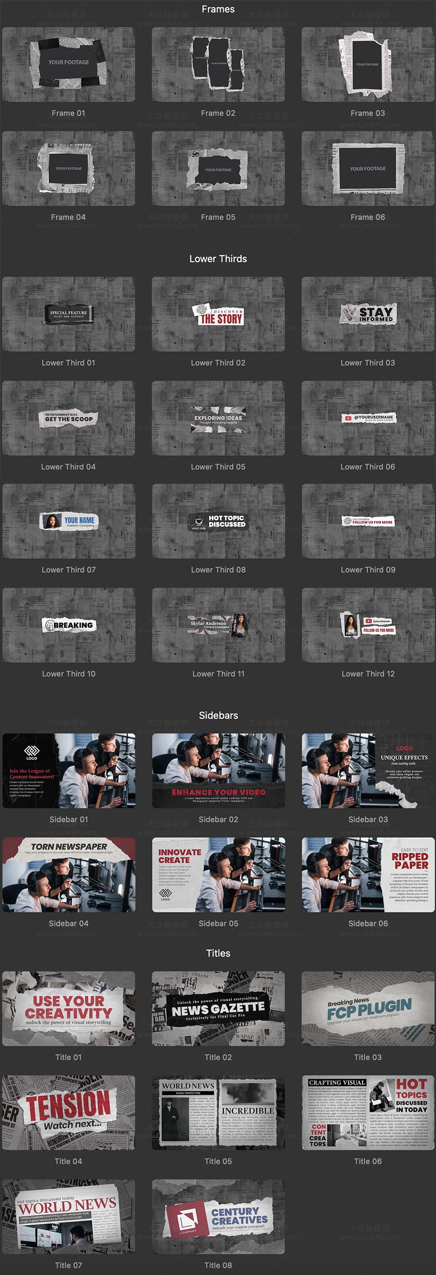 FCPX插件-32个报纸撕裂元素文字标题边栏动画预设 FCPX插件-32个报纸撕裂元素文字标题边栏动画预设