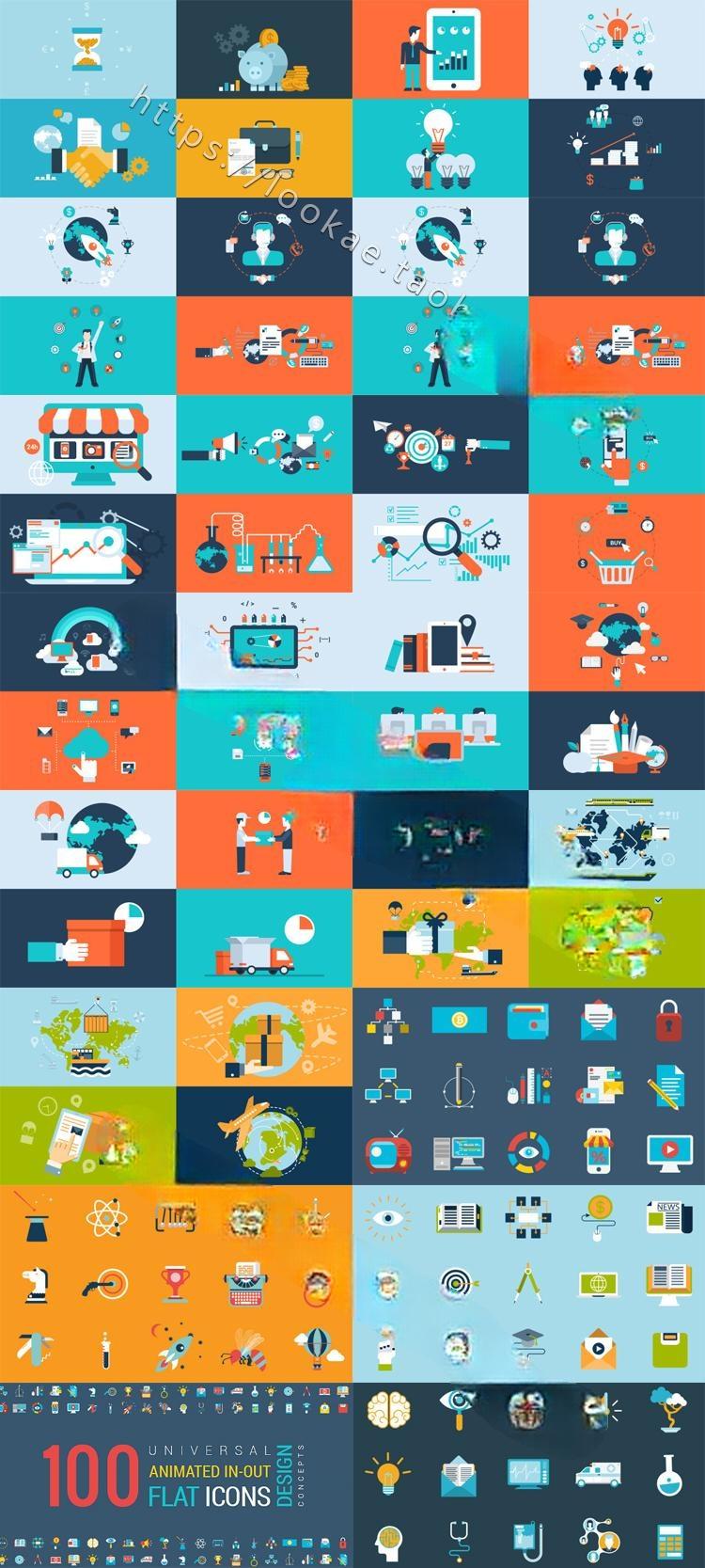 AE模板-100种社交媒体商务办公购物扁平化图标Icon场景MG动画