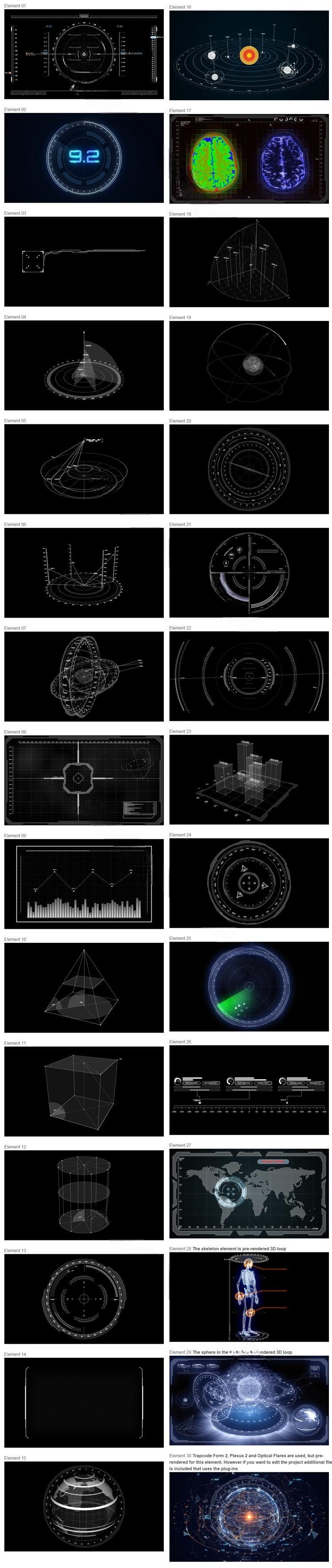 AE模板：30个超酷复杂HUD高科技元素动画  地球雷达数据银河系数据面板
