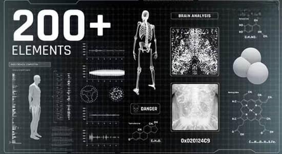 AE模板-200组科技感医学实验研究数据人体HUD信息图表UI动画