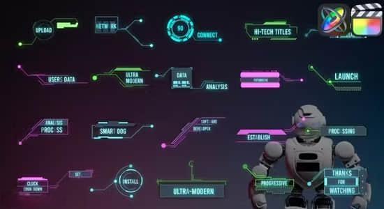 FCPX插件-20个科技感霓虹发光指示线文字标题介绍展示动画 Hi-Tech HUD Titles