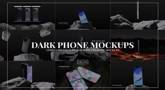 AE模板-户外岩石深色三维手机模型界面展示宣传动画 Dark Phone Mockups