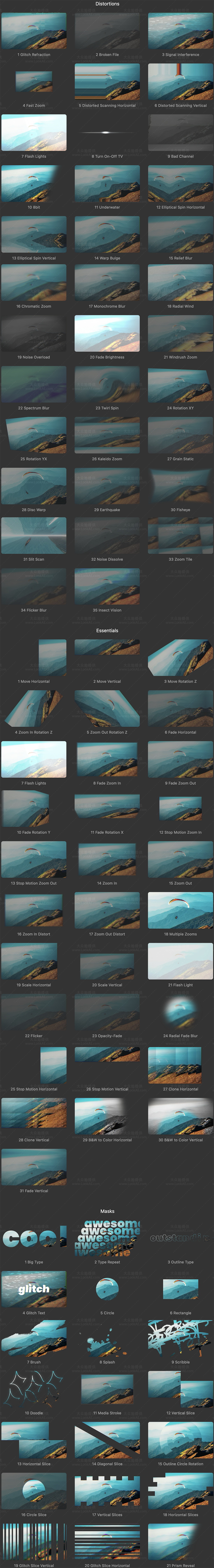 FCPX插件-101个失真故障遮罩基本特效进入退出动画预设
