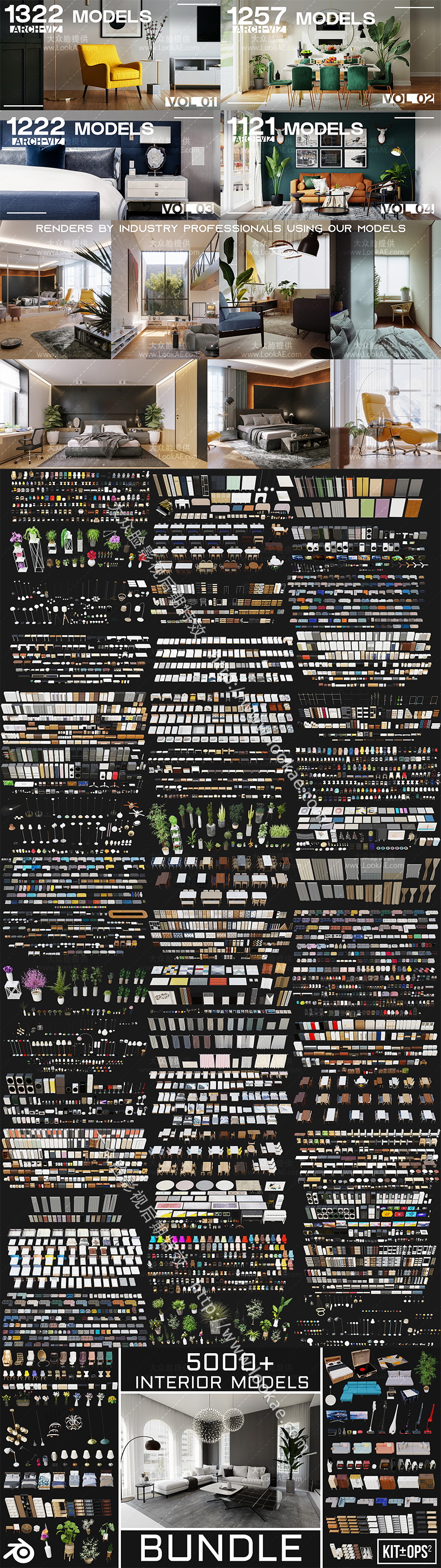 Blender插件-四套5003个室内家具桌椅板凳沙发床柜子灯具植物3D模型预设